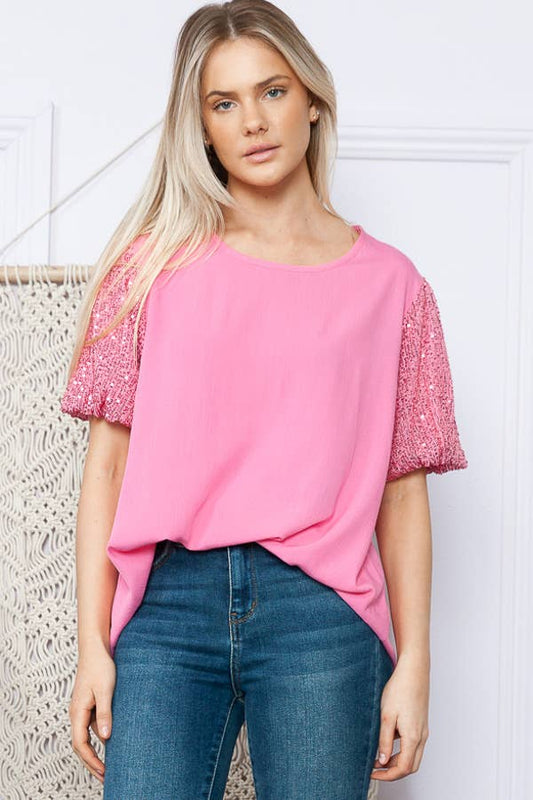 Pink Short Sleeve Sequin Top in Plus